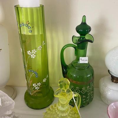 Bohemian vase, rare vaseline crute. forest green decanter