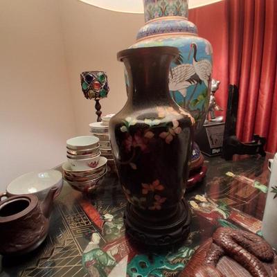 Sale Photo Thumbnail #56: cloisonne crane peonie lamp pair