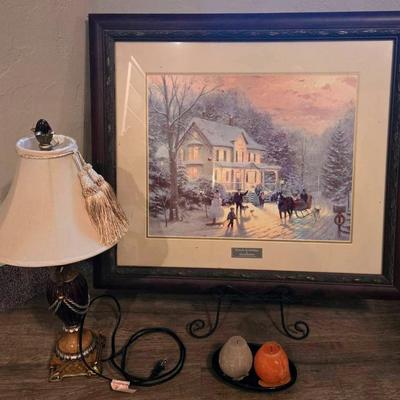 "Thomas Kinkade" Print, Table Lamp, and Candles