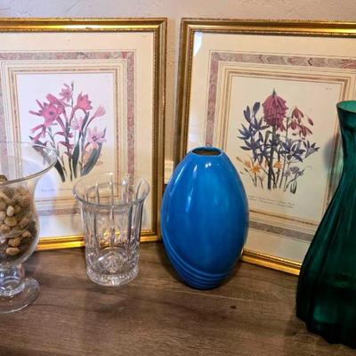 Framed Prints and Assortment of Vases
