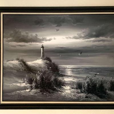 Large Monochrome Lighthouse Painting - 54" x 43"
