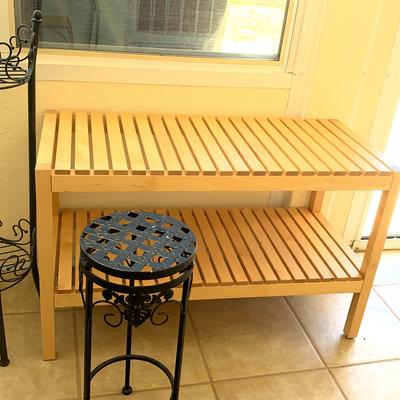 Wooden Shelf And Two Plant Stands