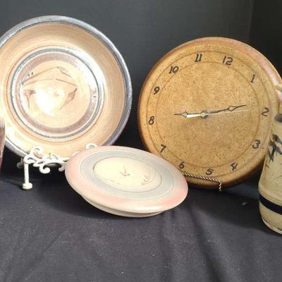 Earth Tone Pottery With Vases And Clock