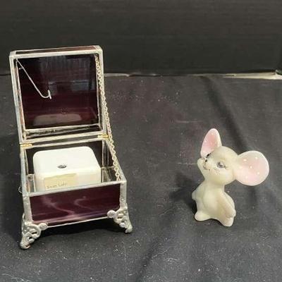 Stained Glass Music Box With Fenton Mouse Figurine