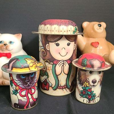 Vintage Tin Canisters With Two Ceramic Wall Hangings