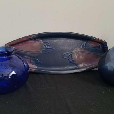 Abstract Blue Pottery Tray With Two Vases