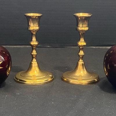 Pair Of Hand Painted Ceramic Vases And Solid Brass Candle Holders