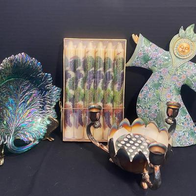 Colorful Candles With Glass Leaf Plate, Ceramic Wall Hanging And Candle Stick Holder