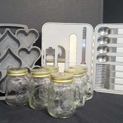 Cast Iron Heart Shaped Baking Ware, Vintage Glass Shakers, And Twin Bird Japan Set