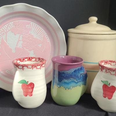 Pottery Handwarming Mugs, Cookie Jar, And Scalloped Pie Plate