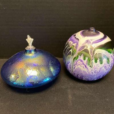 Hand Blown Iridescent Art Glass Oil Lantern & Vintage Hand Blown Round Oil Lantern