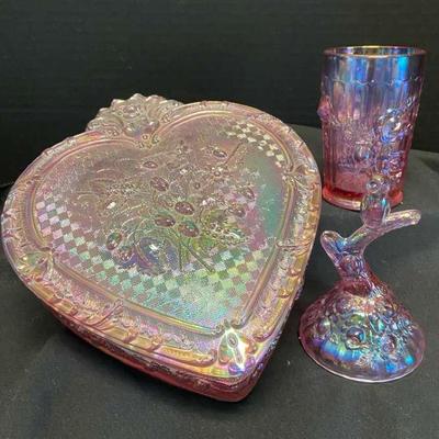 Fenton Glass Heart Shaped Iridescent Trinket Box, Small Glass & Owl Ring Holder Decor