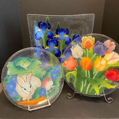 Fused Glass Iris, Tulips & Bunny Art Glass Platters