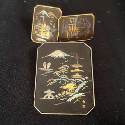 Gold Plated Amita Damascene Earrings With Matching Broach 