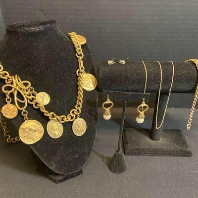 Gold Overlay Bracelet, Gold Plated Scrap Chain, Coin Necklace & Earrings