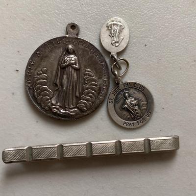 Marie A ETE Concue Sans Peche Sterling Pendant With St. Jude Thaddeus And Tie Clip