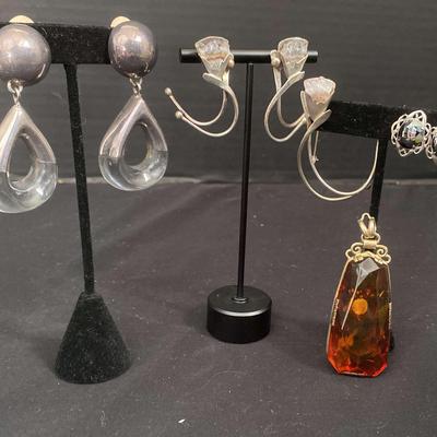 Sterling Earrings , Pendant And Floral Pin Broach