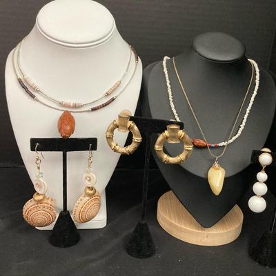 Earth Tone Costume Jewelry With Stone Pendant, Napier And Monet Clip On Earrings, Wood Carved Bead