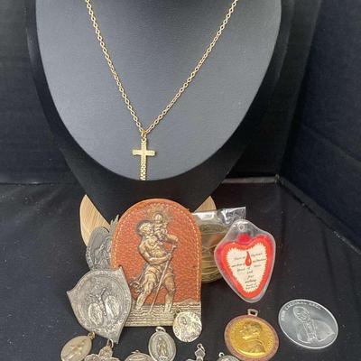 St. Christopher Metal Stamped On Leather With Religious Pendants And Cross Necklace 