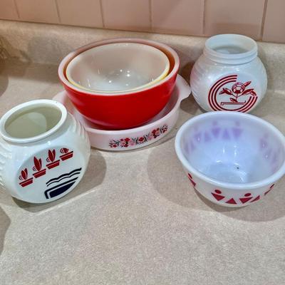 Pyrex Promos:  Pink Scroll, Terra Cotta, Rosemary Jars