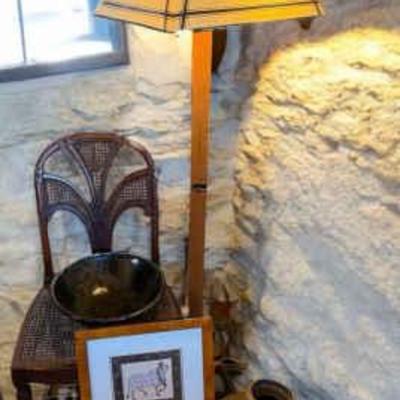 Antique cane chair traditional indian art, mission floor lamp,& more
