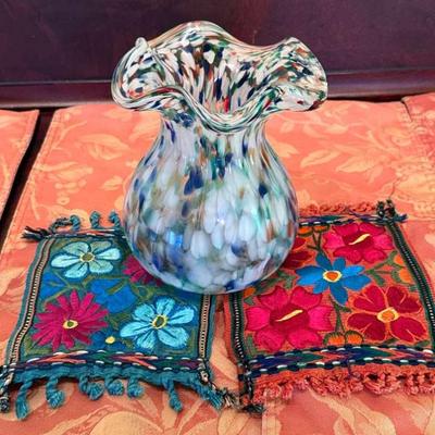 Blown glass vase with mexican textiles