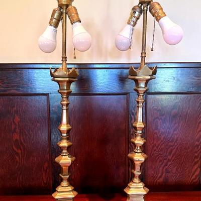 Antique brass converted candlestick lamps