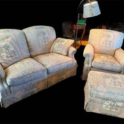 Brunschwig fils love seat, chair, ottoman & floor lamp