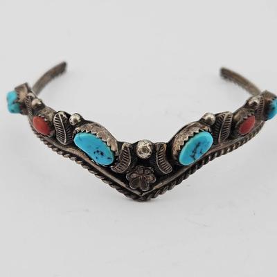 Vintage Signed Turquoise & Coral Sterling Silver Native American Cuff Bracelet 