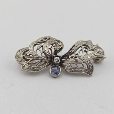 Vintage 14k White Gold Diamond & Topaz Brooch Pin
