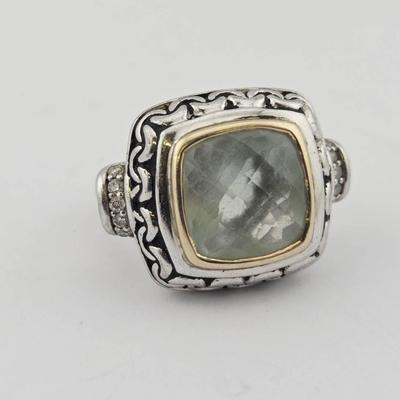 Sterling Silver 14k Prasiolite & Diamond Designer Ring