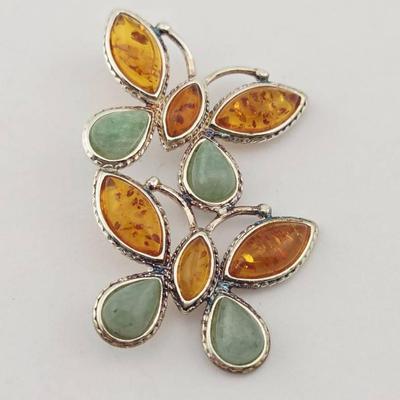 Sterling Silver Amber & Jade Butterfly Pendant
