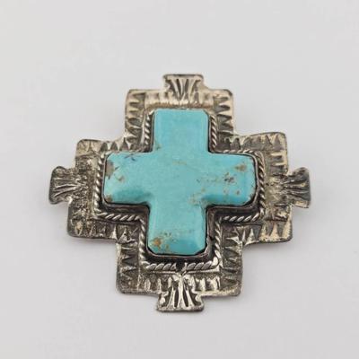 Vintage Signed Turquoise Sterling Silver Native American Brooch