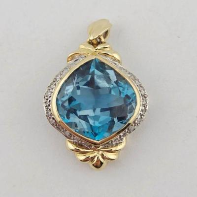 14k Gold 9.8 Carat Blue Topaz & Diamond Pendant 