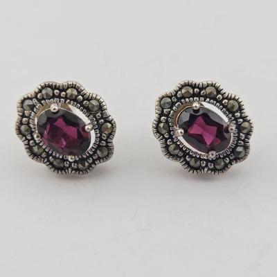 Sterling Silver Rhodolite Garnet Marcasite Earrings 
