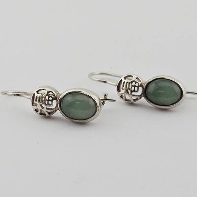Sterling Silver Asian Themed Jade Earrings 