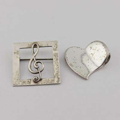 Sterling Silver Music Note Brooch And Heart Pendant 