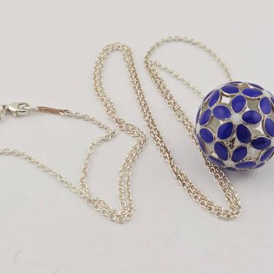 Sterling Silver Blue Enamel Flower Ball Pendant Necklace 