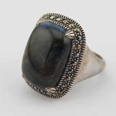 Sterling Silver Designer Labradorite Marcasite Ring 