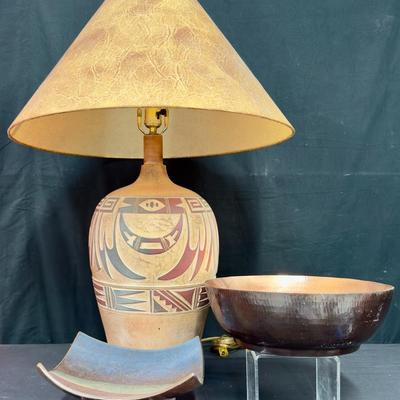 Indian Marigold SW Lamp, Ceramic Dish, & Copper Bowl! 