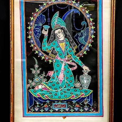 Framed Persian-Style Painting – Woman with Goblet & Vase