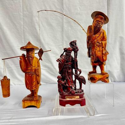 Shou Lao, Villager, and Fisherman Wooden and Resin hand carved figures