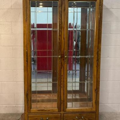 Glass Curio Oak Cabinet W/ Drawers 