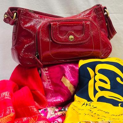 Perlina Red Patent Leather Organizer Shoulder Bag and Silk Scarves