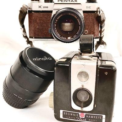 Vintage Camera Lot – Pentax K1000 SE, Kodak Brownie Hawkeye & Minolta Lens 