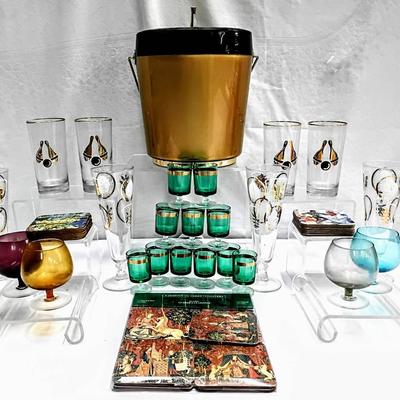 Vintage Barware & Entertaining Collection with Ice Bucket, Glassware & Coasters
