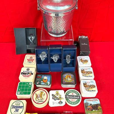 Vintage Barware & Collectibles Lot – Ice Bucket, Glass Bottle Stoppers, Coasters & Playing Cards