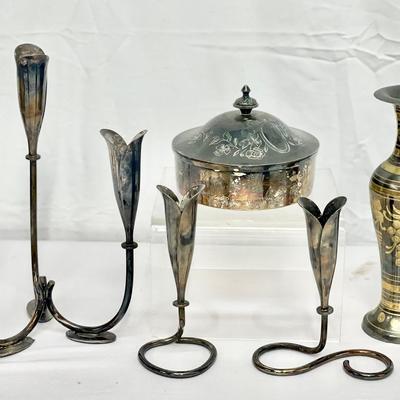 Antique Brass Trinket Box, Denmark Calla Lily Candle Holders & Etched Brass Vase