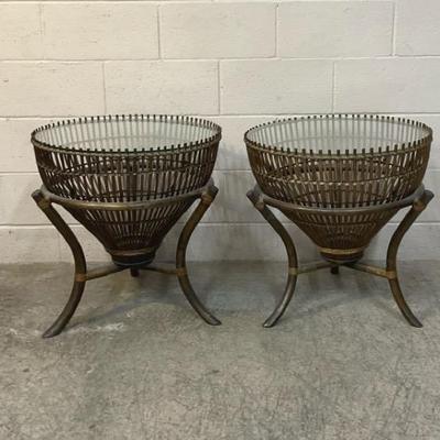Vintage Rattan Fishing Basket End Tables 