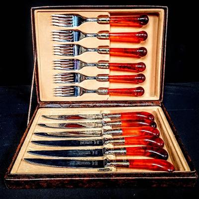 Exclusive Collection 12-Piece Gold Plated Steak Knife & Fork Set with Amber Handles